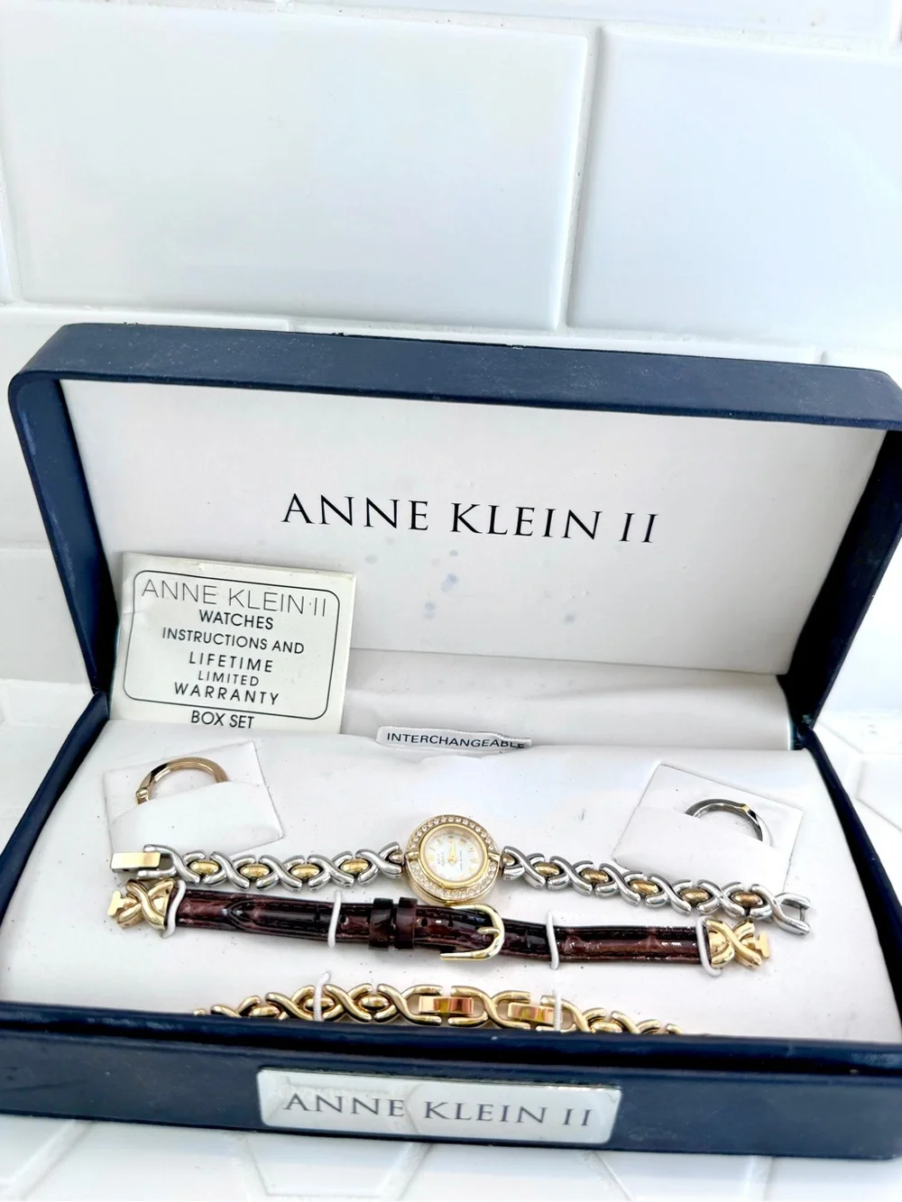 Anne Klein II Two-Tone Chain and Brown Leather Watch Set - Picture 2 of 8